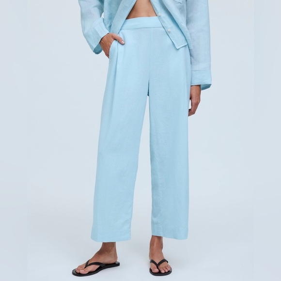 Madewell Pull On Straight Crop Linen Blend Pants in "Blue Heron" Size 6 - Picture 1 of 14
